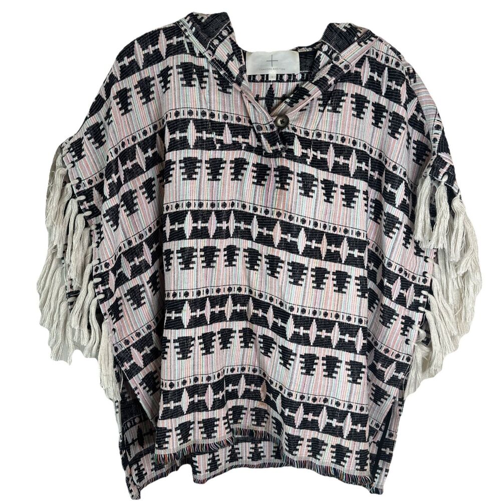 THAKOON Addition Poncho Hooded Tassel Fringe Pink Black Aztec Southwestern Sz 8